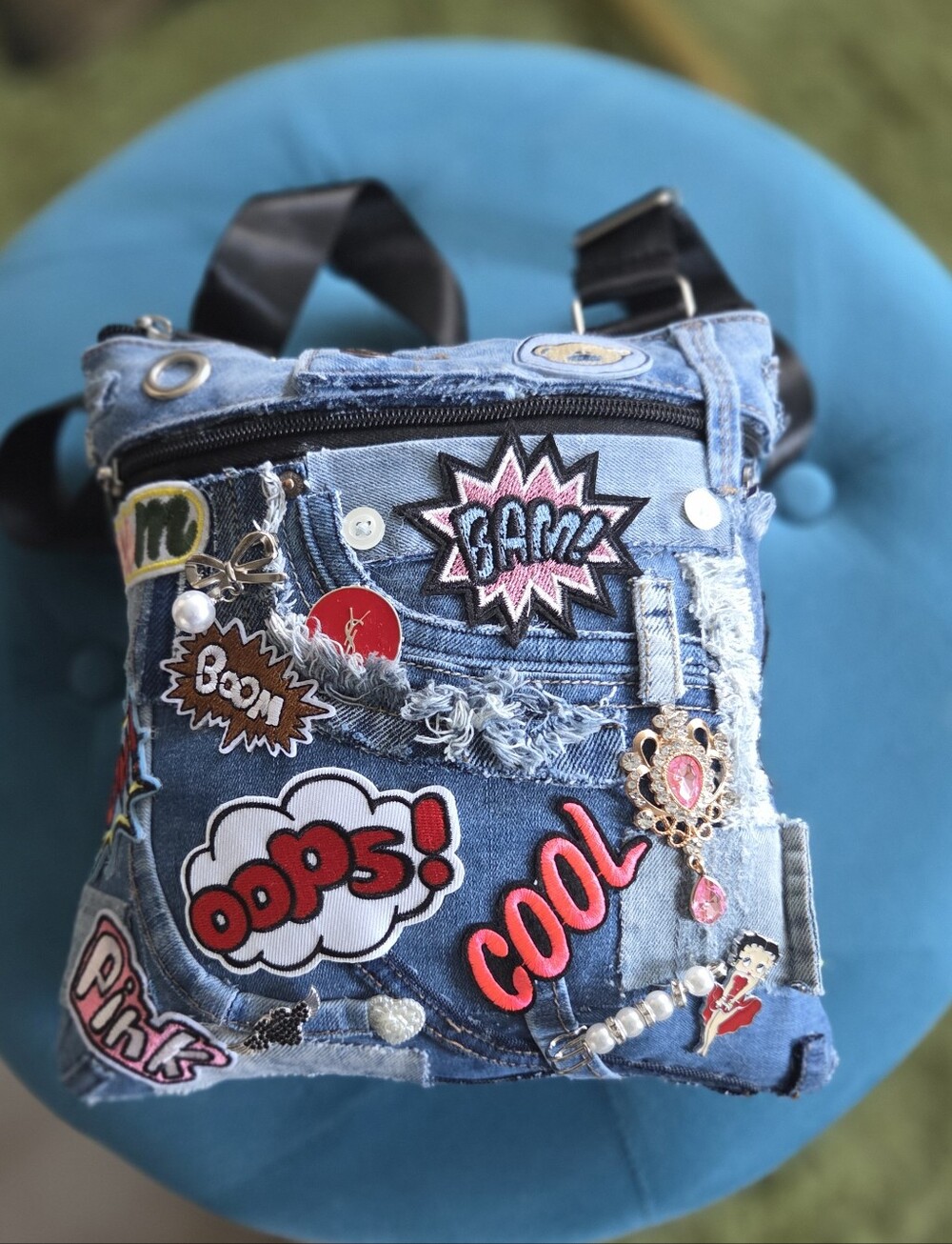 Denim Patchwork Crossbody Bag with Colorful Patches